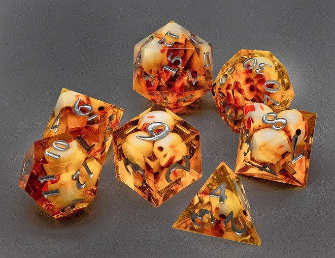 Orange Sunken Skull Inclusion 7-Dice Set Resin Sharp Edge RPG DND