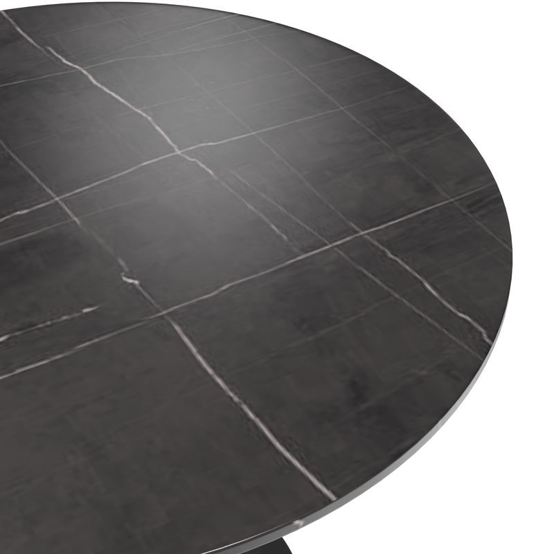 LeisureMod 5-Piece Dining Set with 36" Round Dining Table Black Sintered Stone Top and Black Pedestal with 4 Velvet Dining Chairs in Black Steel Legs in Navy Blue Countertop.