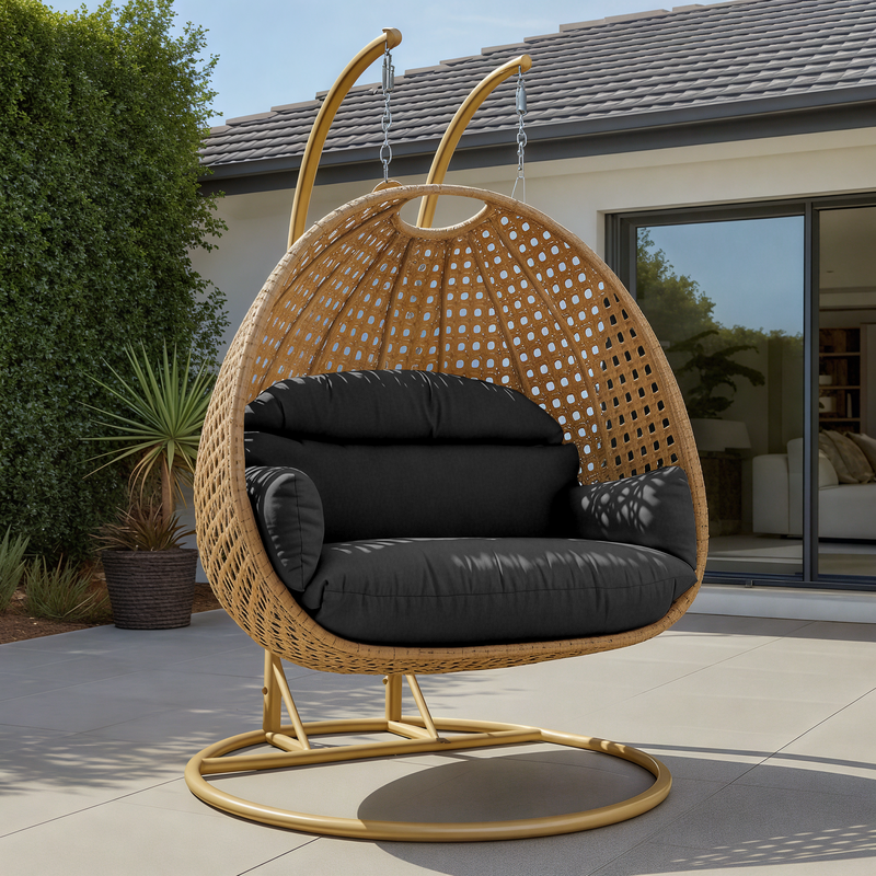 LeisureMod Mendoza Light Brown Wicker Hanging 2 person Egg Swing Chair Dark Grey