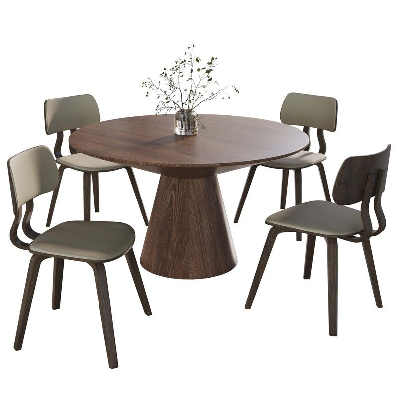 LeisureMod 5-Piece Dining Set with Round Wooden Table in Walnut and 4 Leather Dining Chairs in Dark Walnut/Taupe