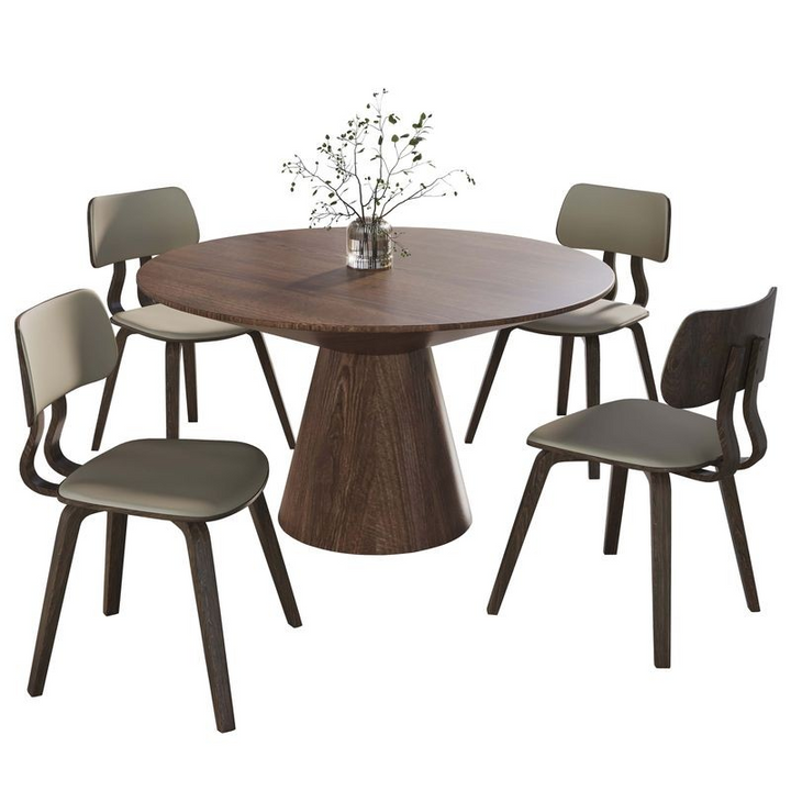 LeisureMod 5-Piece Dining Set with Round Wooden Table in Walnut and 4 Leather Dining Chairs in Dark Walnut/Taupe