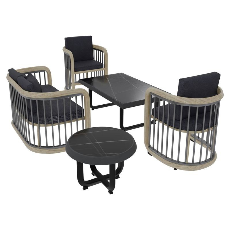 LeisureMod Klyra 5-Piece Aluminum Conversation Set with 2 Accent Chairs, Sofa, Coffee Table, Side Table in Grey Complete Set.