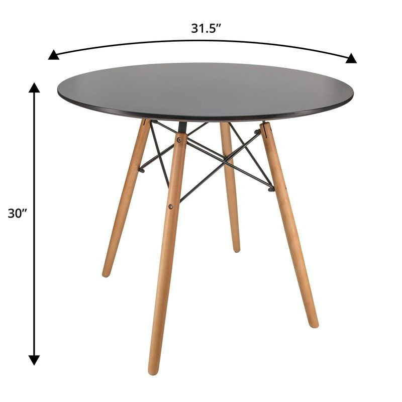 LeisureMod Dover 3-Piece Dining Set with Round Black MDF Top Bistro Table and 2 Plastic Chairs in Black Table Dimensions.