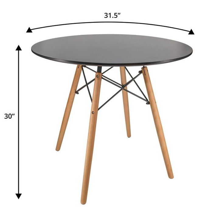 LeisureMod Dover 3-Piece Dining Set with Round Black MDF Top Bistro Table and 2 Plastic Chairs in Black Table Dimensions.