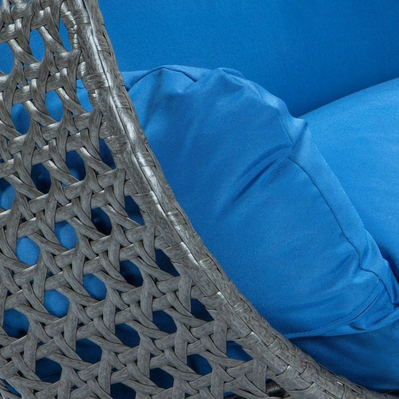 LeisureMod Charcoal Wicker Hanging 2 person Egg Swing Chair Blue Closeup.