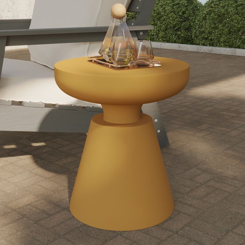 LeisureMod Isle Collection Fiberglass Outdoor Side Table in Brown Outside.