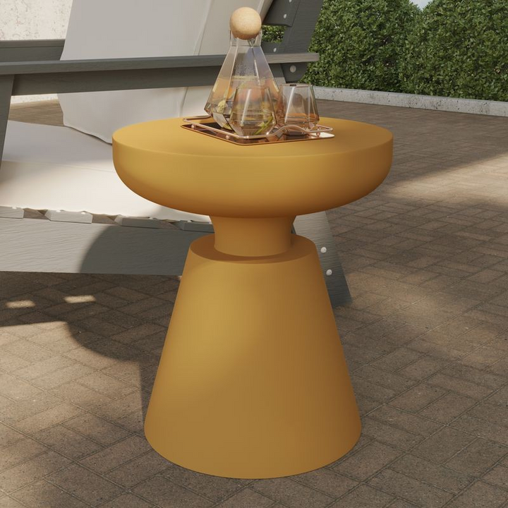 LeisureMod Isle Collection Fiberglass Outdoor Side Table in Brown Outside.