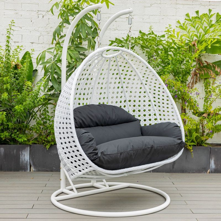 LeisureMod White Wicker Hanging 2 Person Egg Swing Chair Black