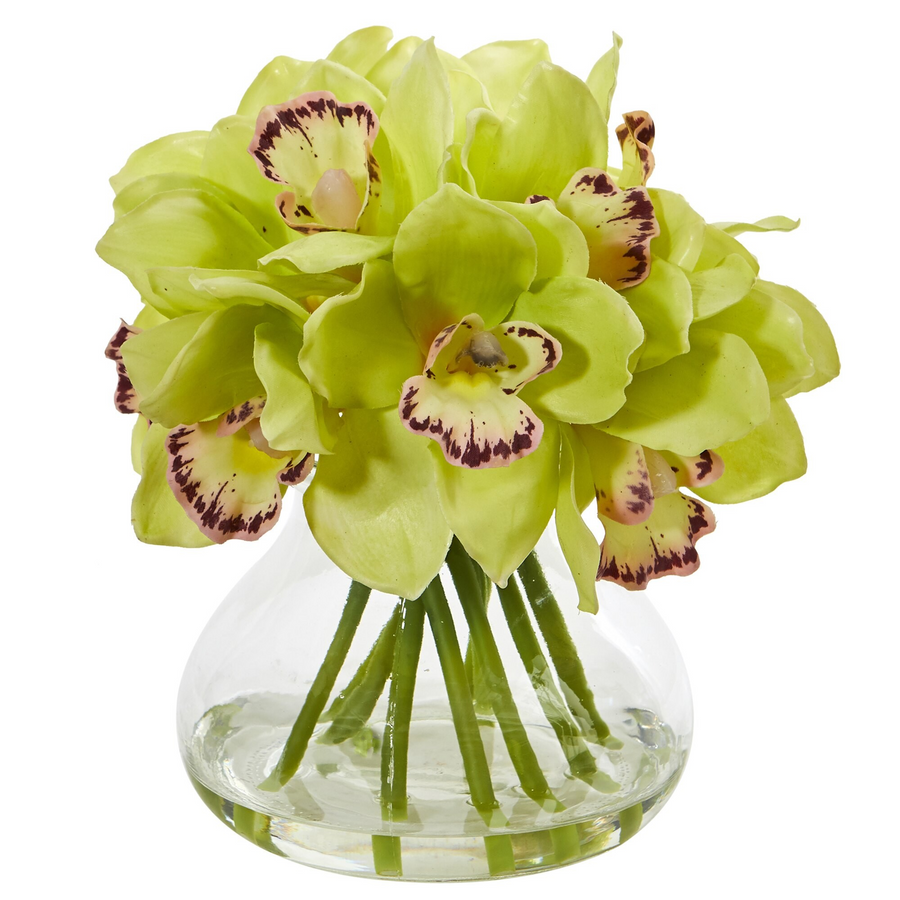 Cymbidium Orchid Artificial Arrangement in Glass Vase (Green)