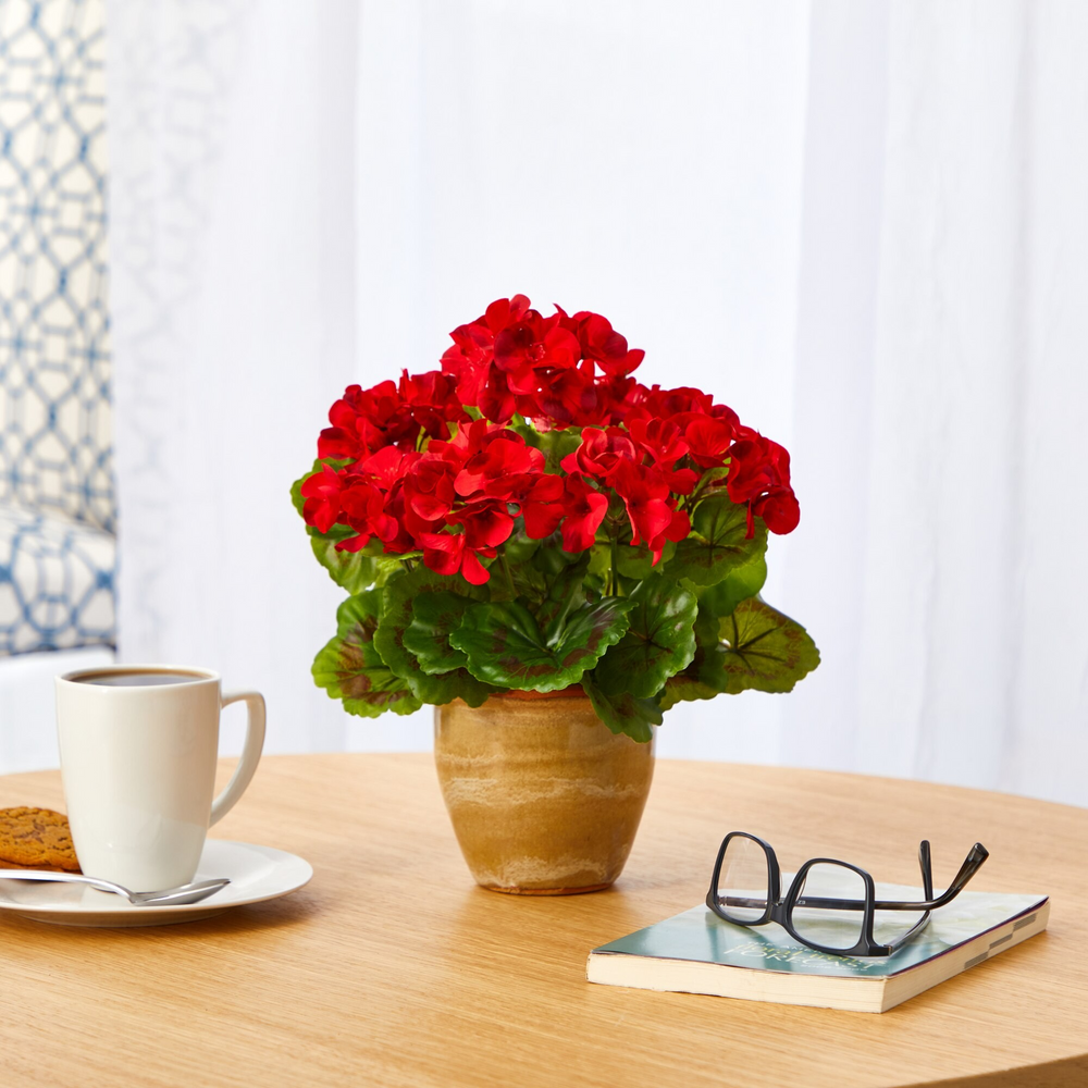 11” Geranium Artificial Plant in Ceramic Planter UV Resistant (Indoor/Outdoor) on Table