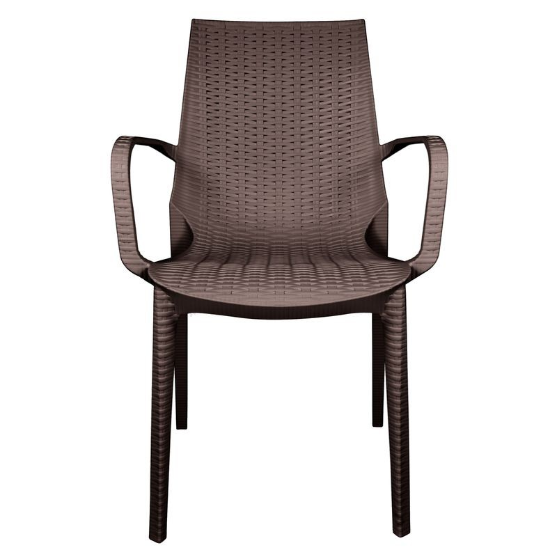 LeisureMod Kent Outdoor Patio Plastic Dining Armchair, Set of 2 Brown Front View.
