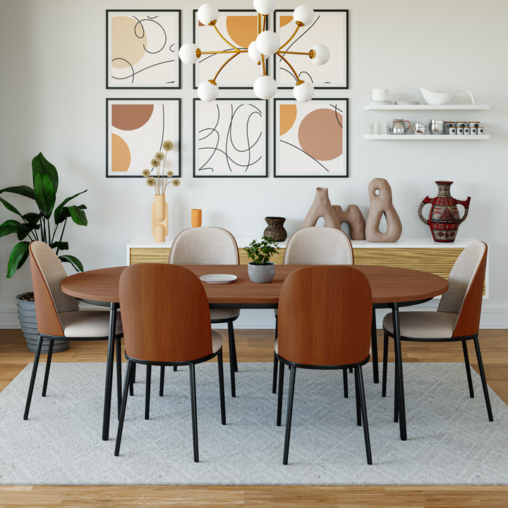 LeisureMod Tule 7-Piece Dining Set in Steel Frame with 6 Upholstered Seat Dining Chairs and 71" Oval Dining Table with MDF Tabletop Walnut/Beige with Background.