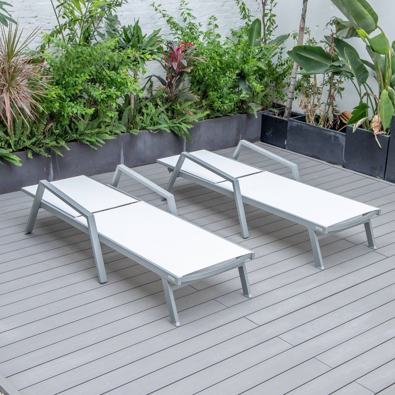 LeisureMod Marlin Patio Chaise Lounge Chair with Armrests in Grey Aluminum Frame, Set of 2 in White Flat View.