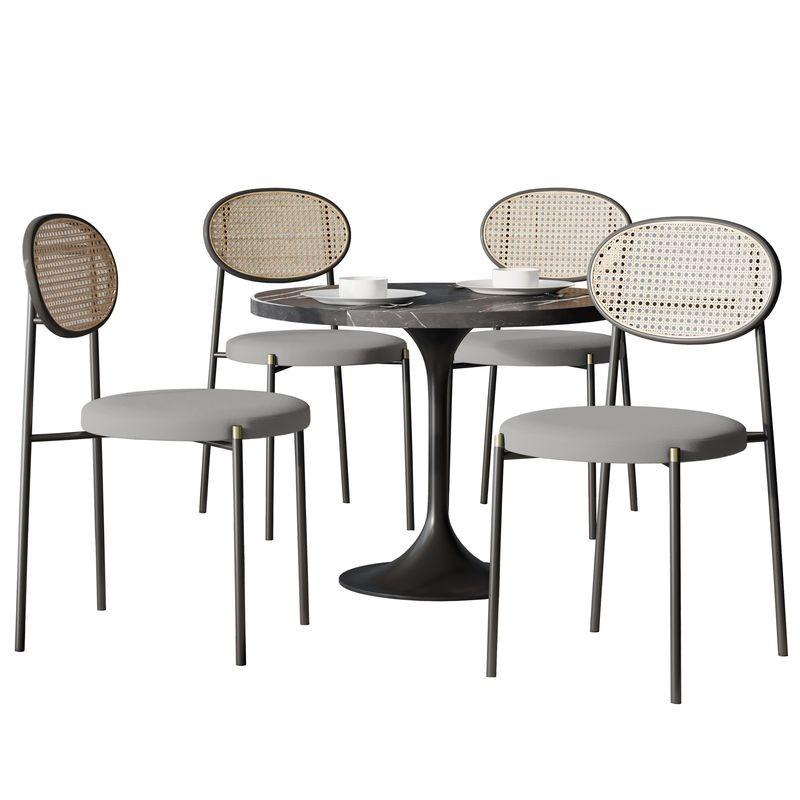 LeisureMod 5-Piece Dining Set with 36" Round Dining Table Black Sintered Stone Top and Black Pedestal with 4 Velvet Dining Chairs in Black Steel Legs in Grey