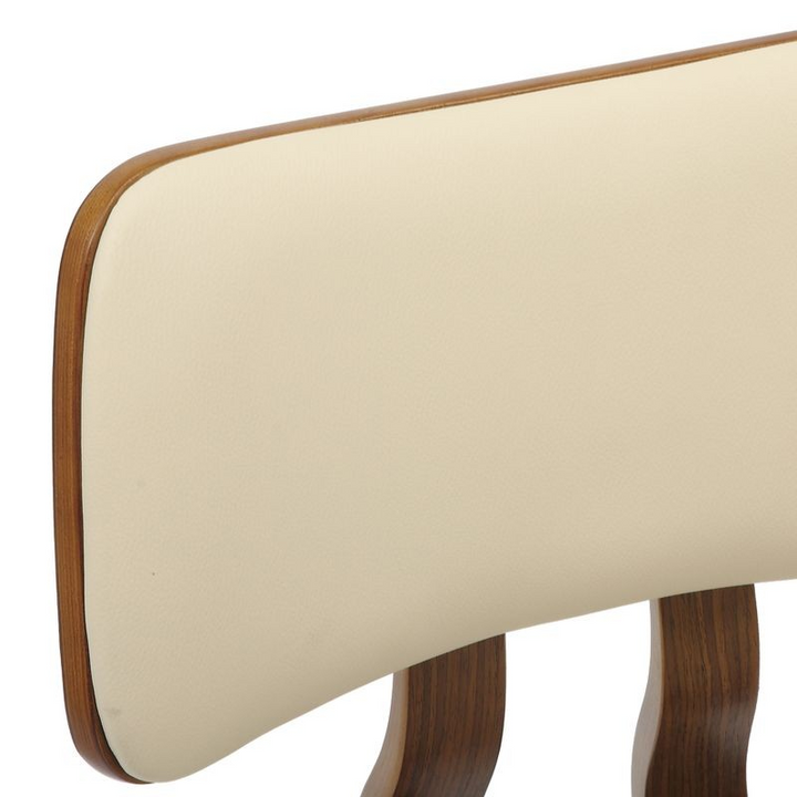 LeisureMod 5-Piece Dining Set with Round Wooden Table in Natural Wood and 4 Leather Dining Chairs in Walnut/Cream Backrest.