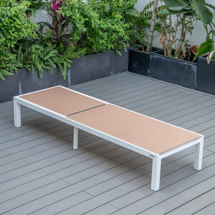 LeisureMod Marlin Modern Aluminum Outdoor Patio Chaise Lounge Chair Set of 2 with Square Fire Pit Side Table Perfect for Patio, Lawn, and Garden Light Brown Flat View.