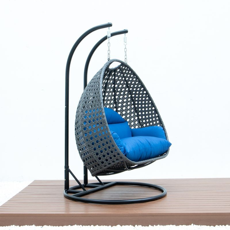 LeisureMod Charcoal Wicker Hanging 2 person Egg Swing Chair Blue Side View.