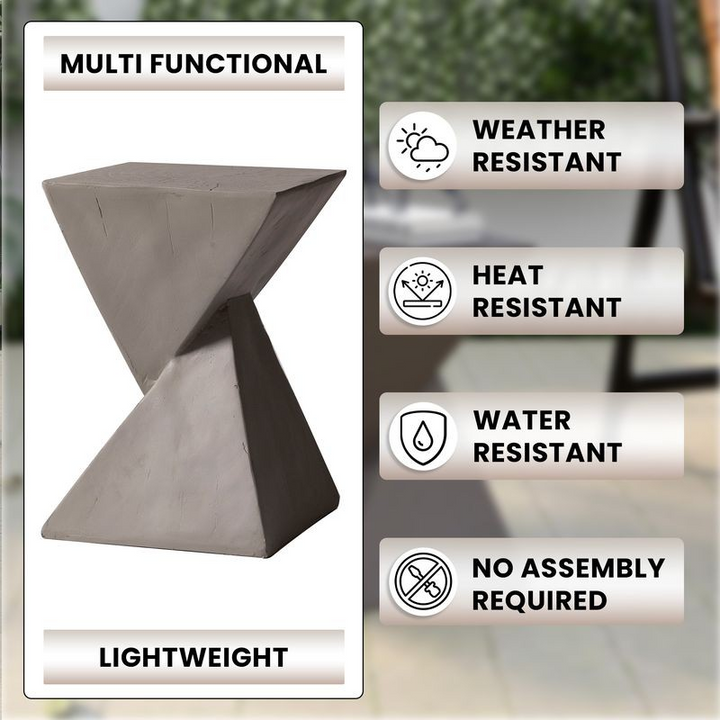 LeisureMod Glint Collection Fiberglass Outdoor Side Table in Grey Details.