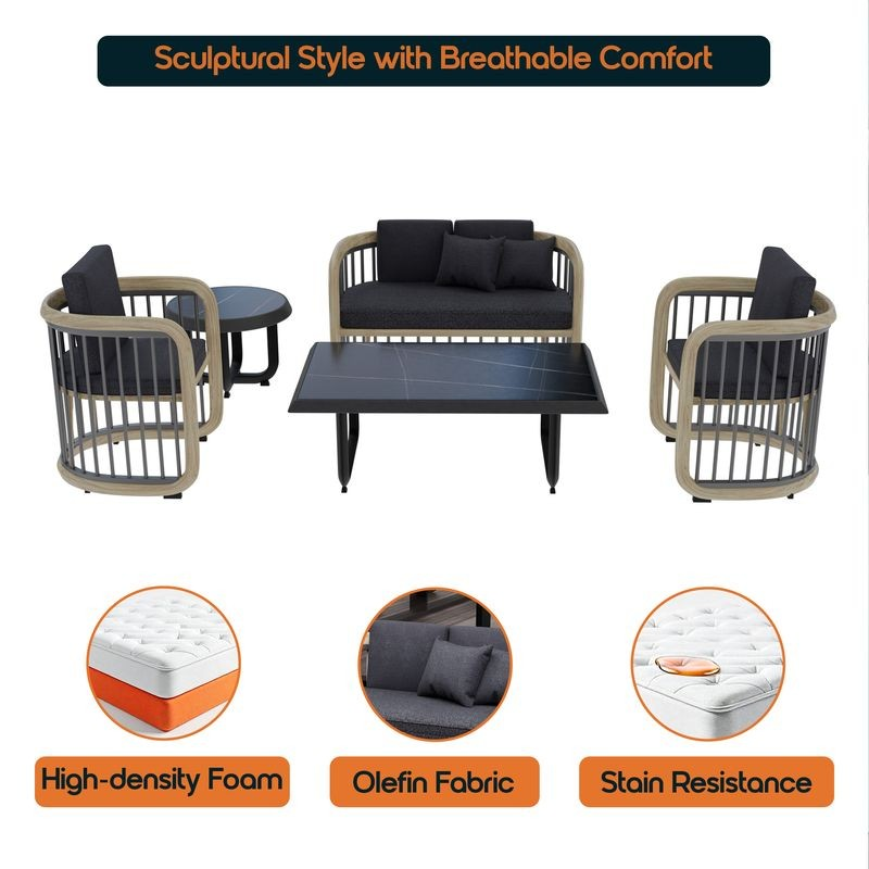 LeisureMod Klyra 5-Piece Aluminum Conversation Set with 2 Accent Chairs, Sofa, Coffee Table, Side Table in Grey Details.