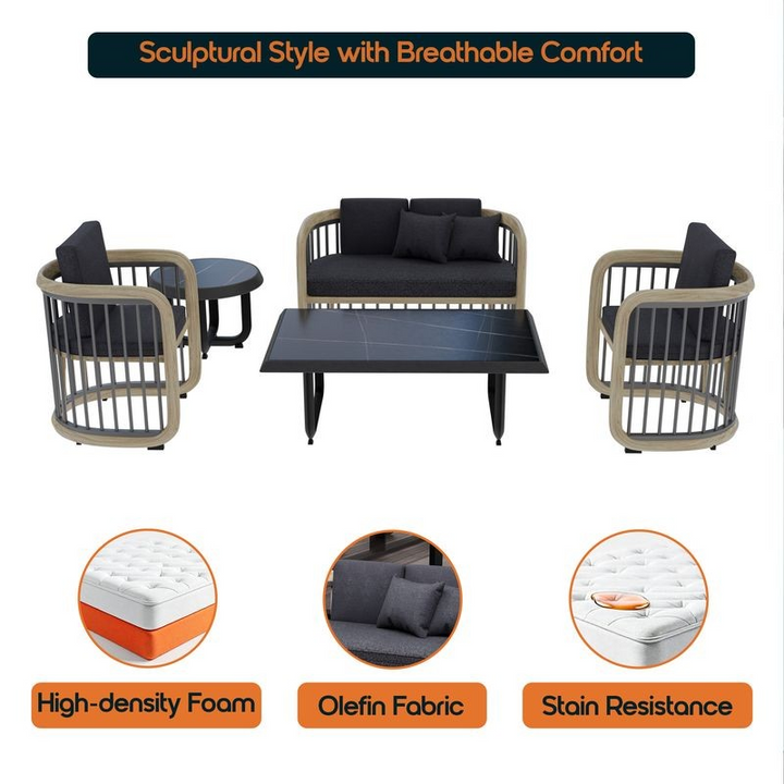 LeisureMod Klyra 5-Piece Aluminum Conversation Set with 2 Accent Chairs, Sofa, Coffee Table, Side Table in Grey Details.