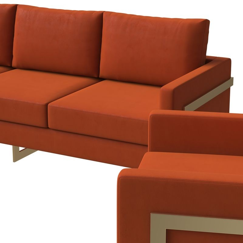 LeisureMod Lincoln 3-Piece Velvet Living Room Sofa Set with Gold Frame Orange Marmalade Zoomed In.
