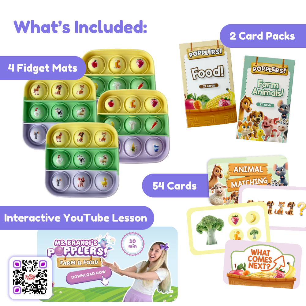 Educational toy set with fidget mats, card packs, and interactive YouTube lesson on a white background.