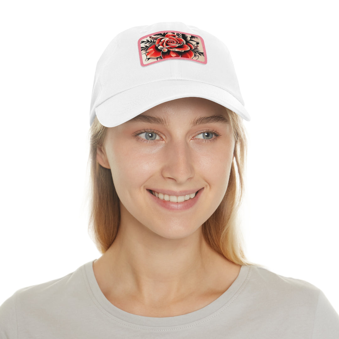 Rose Tattoo Style Dad Hat with Leather Patch (Rectangle)