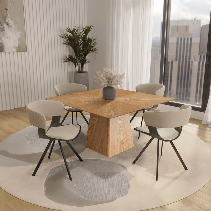 LeisureMod 5-Piece Dining Set with Square Wooden Table in Natural Wood and 4 Leather Dining Chairs in Dark Walnut/Light Taupe in Room.