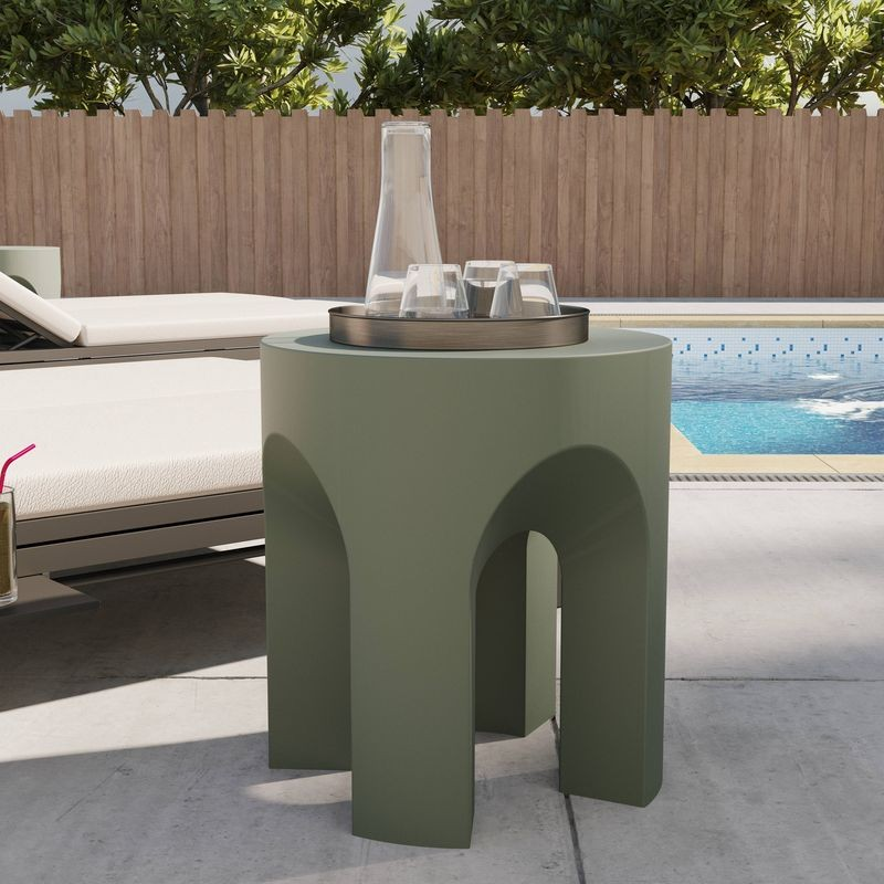 LeisureMod Crus Collection Fiberglass Outdoor Side Table in Grey Outside.