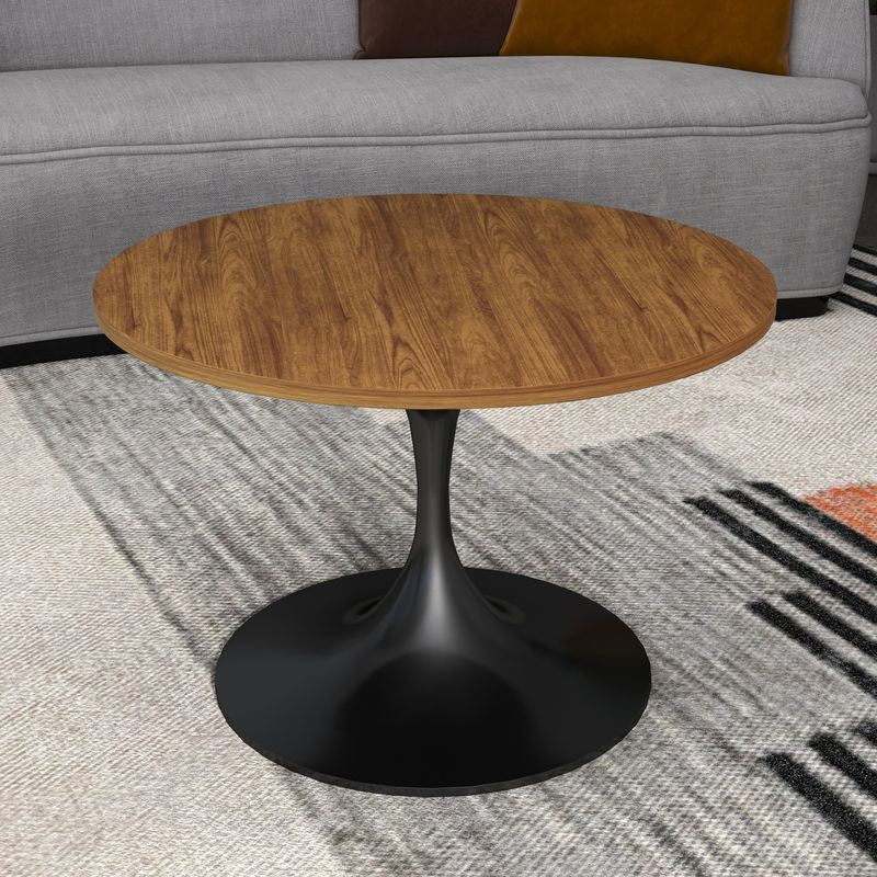 LeisureMod Verve Coffee Table Black base with 27" Round Brown Wood MDF Top