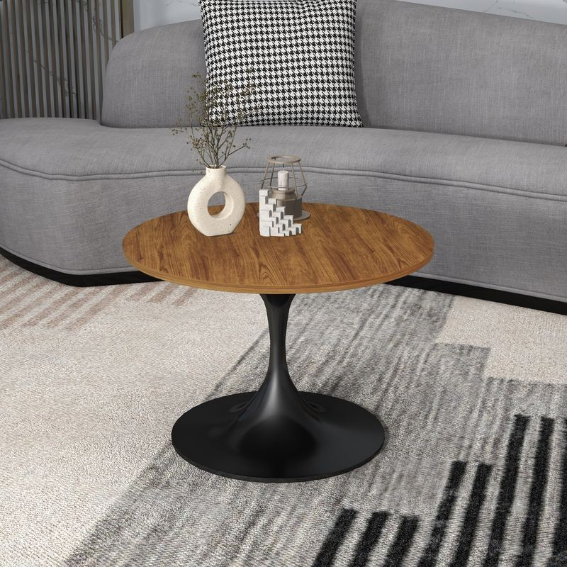 LeisureMod Verve Coffee Table Black base with 27" Round Brown Wood MDF Top in Room.