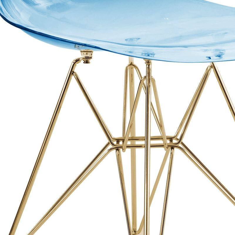 LeisureMod 5-Piece Dining Set with 35" Round Dining Table in White Iron Pedestal Base and 4 ABS Plastic Side Chair with Gold Base Transparent Blue Chair Closeup.