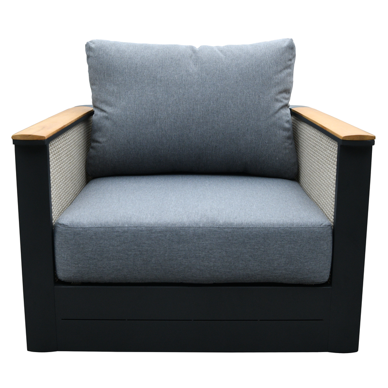 LeisureMod 4-Piece Conversation Set with Coffee Table, Sofa, and 2 Accent Chairs in Black Arvin Collection Black Front Chair View.