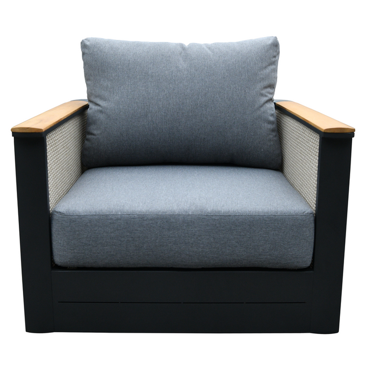 LeisureMod 4-Piece Conversation Set with Coffee Table, Sofa, and 2 Accent Chairs in Black Arvin Collection Black Front Chair View.