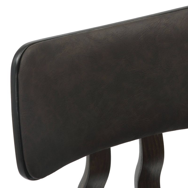 LeisureMod 5-Piece Dining Set with Round Wooden Table in Walnut and 4 Leather Dining Chairs in Dark Walnut/Brown Backrest.