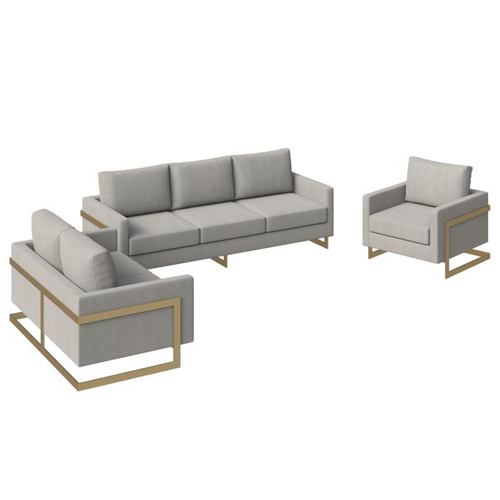 LeisureMod Lincoln 3-Piece Velvet Living Room Sofa Set with Gold Frame without Background.
