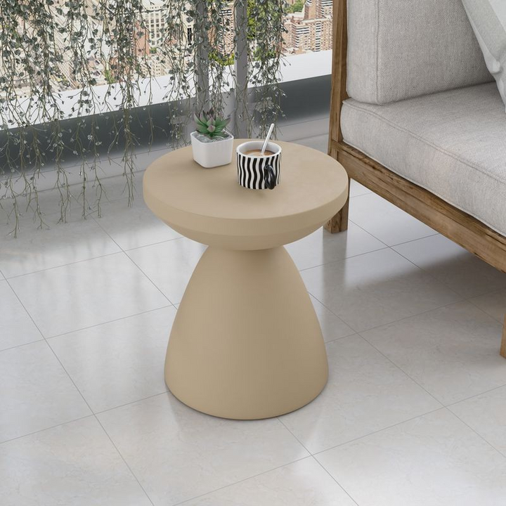 LeisureMod Dune Collection Fiberglass Outdoor Side Table in Beige Closeup.