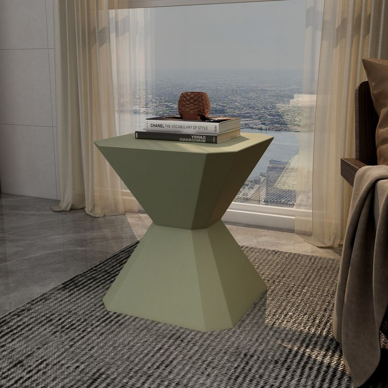 LeisureMod Azure Collection Fiberglass Outdoor Side Table in Olive Green in Room.