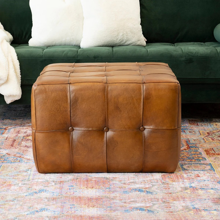 Benjiro Square Tan Leather Ottoman Closeup.