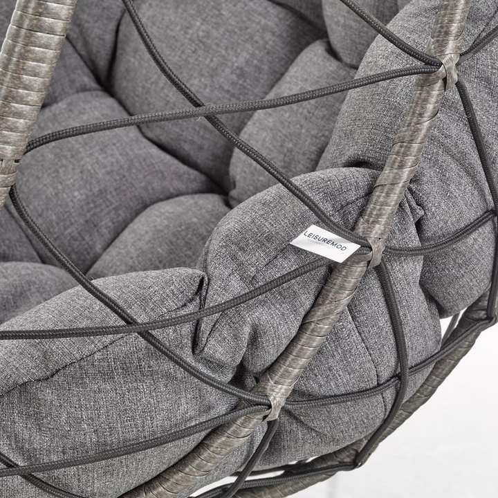 Leisuremod Summit Series Outdoor Egg Swing Chair in Black with Charcoal Cushions Closeup.