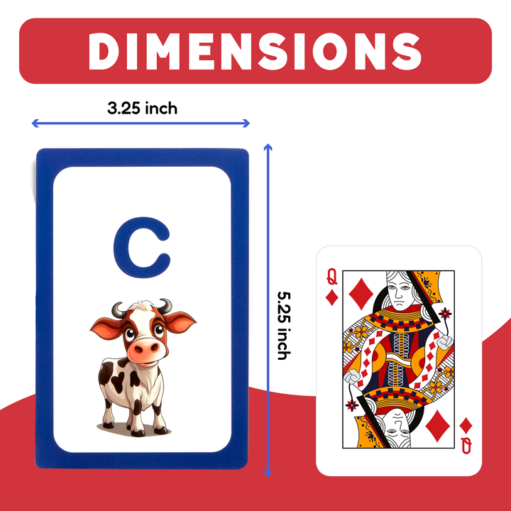 Dimensions of playing cards with a cow card and a queen of diamonds card on a red background.