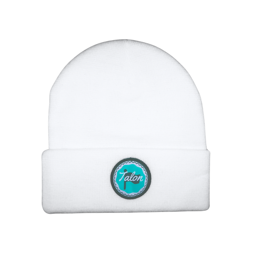 White Knit Beanie with Green and Teal Circle Logo