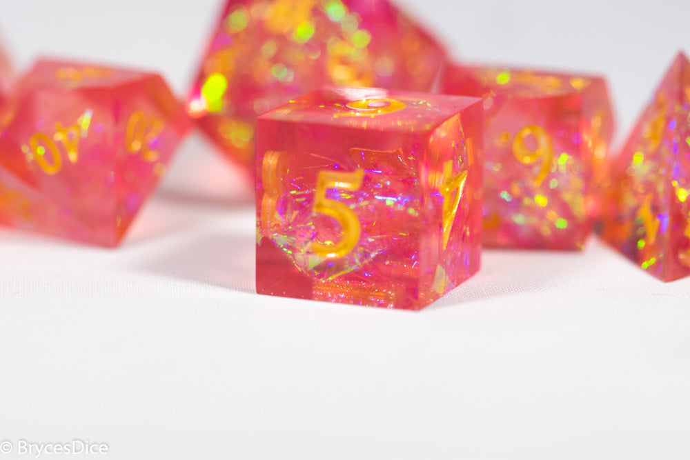 Red Dragon Fruit Forged in Frost Dice Set (Resin Dice) Sharp Edge Dice