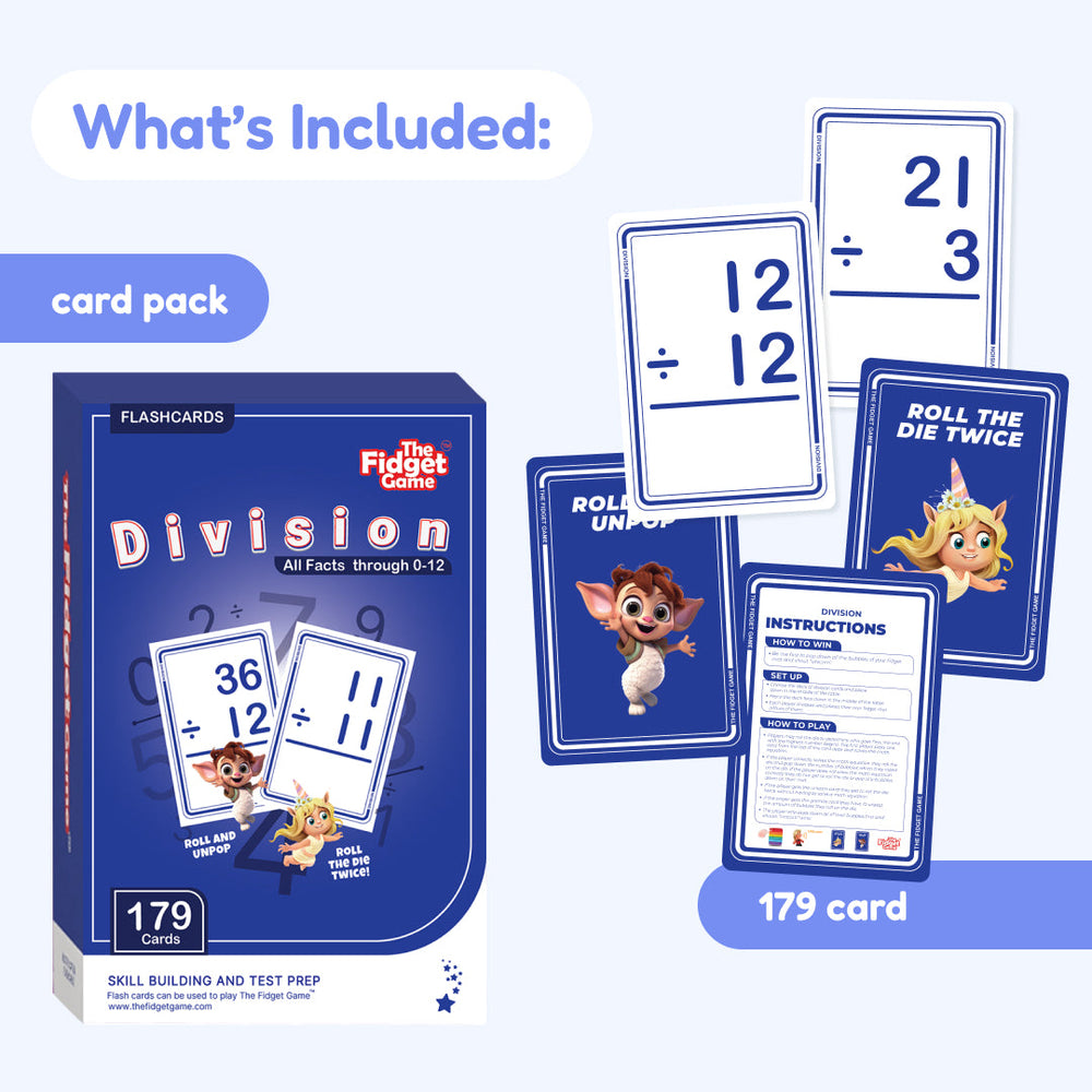 Division flashcards with packaging and cards displayed on a light blue background.