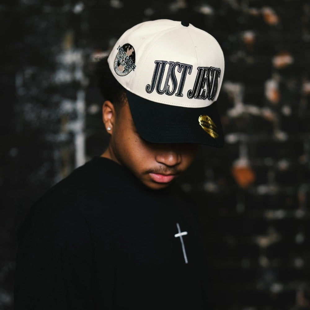 ‘JUST JESUS’ Premium Snapback Hat - Cream/Black