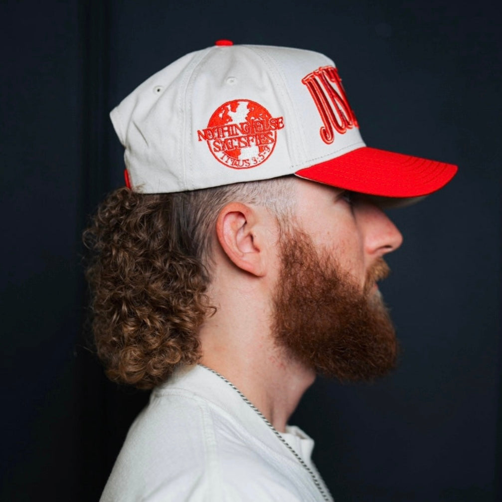‘JUST JESUS’ Premium Snapback - Cream/Red