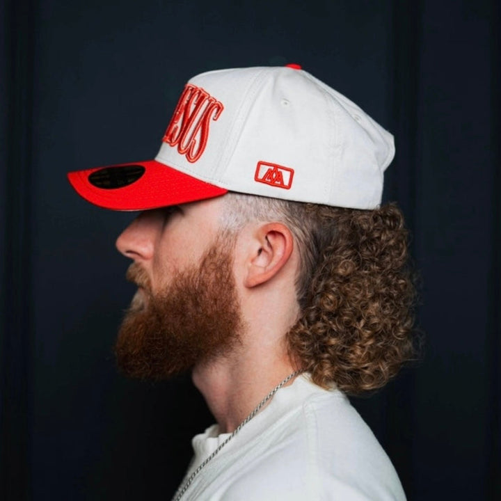 ‘JUST JESUS’ Premium Snapback - Cream/Red