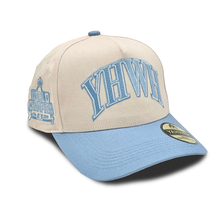 ‘YHWH’ Structured Snapback Hat - Cream/Baby Blue
