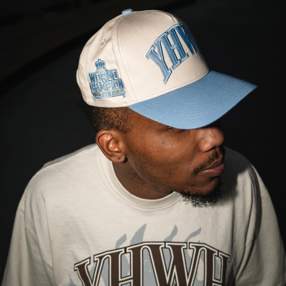 ‘YHWH’ Structured Snapback Hat - Cream/Baby Blue