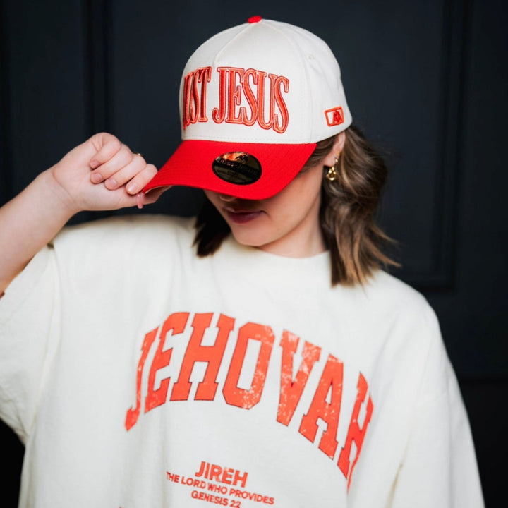 ‘JUST JESUS’ Premium Snapback - Cream/Red